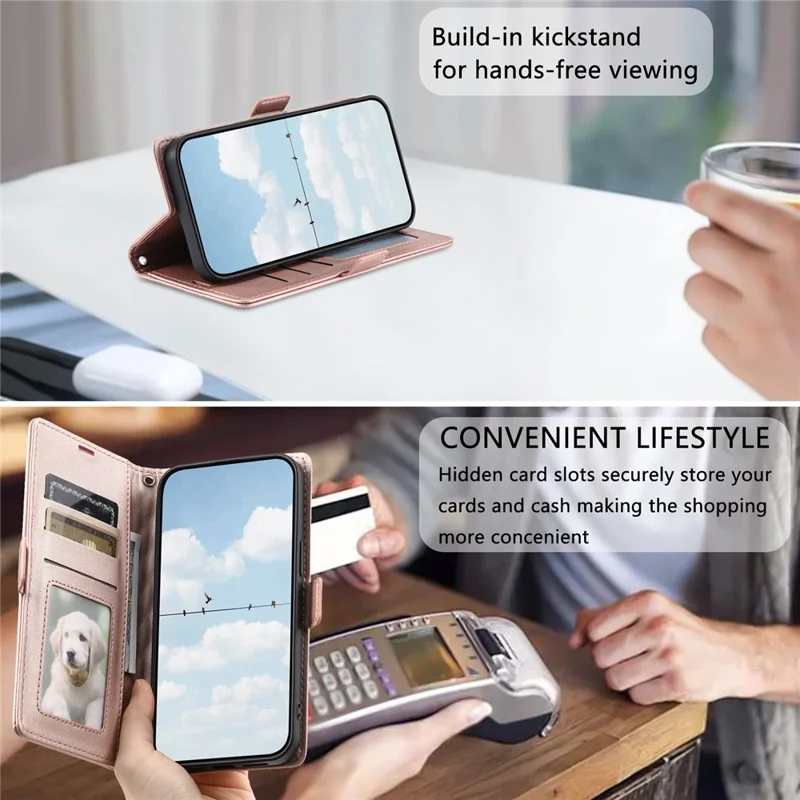 For Samsung Galaxy A37 5G Leather Case Rhombus Texture Wallet Stand Phone Cover with Wrist Strap - Rose Gold