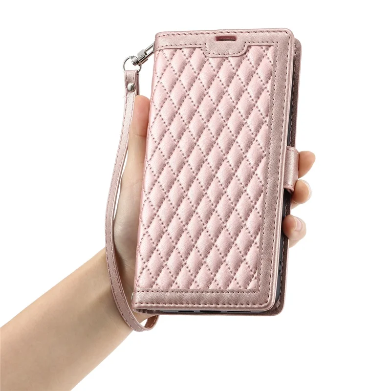 For Samsung Galaxy A37 5G Leather Case Rhombus Texture Wallet Stand Phone Cover with Wrist Strap - Rose Gold