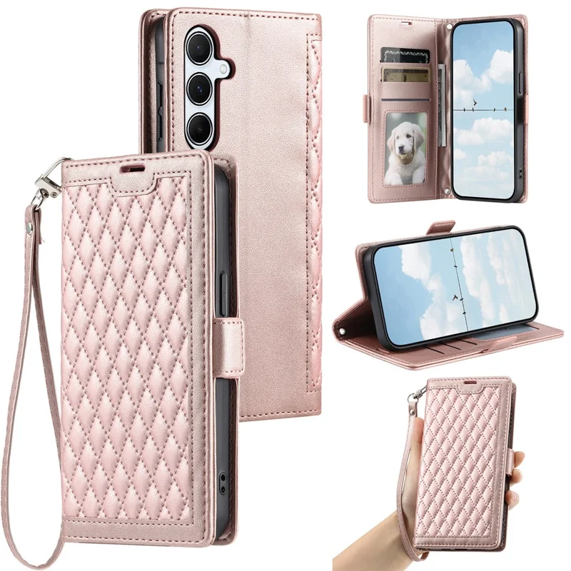 For Samsung Galaxy A37 5G Leather Case Rhombus Texture Wallet Stand Phone Cover with Wrist Strap - Rose Gold