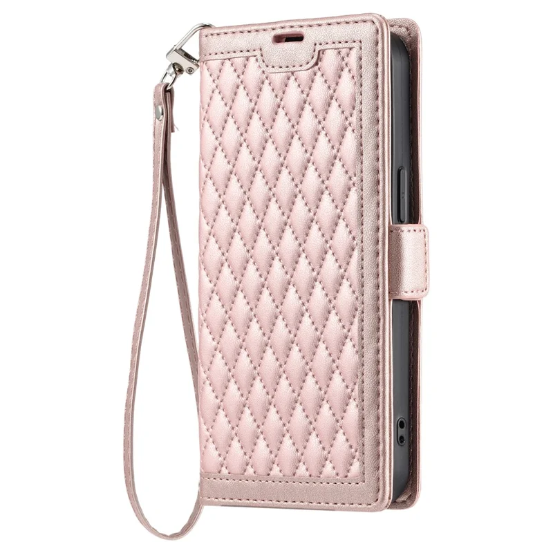 For Samsung Galaxy A37 5G Leather Case Rhombus Texture Wallet Stand Phone Cover with Wrist Strap - Rose Gold