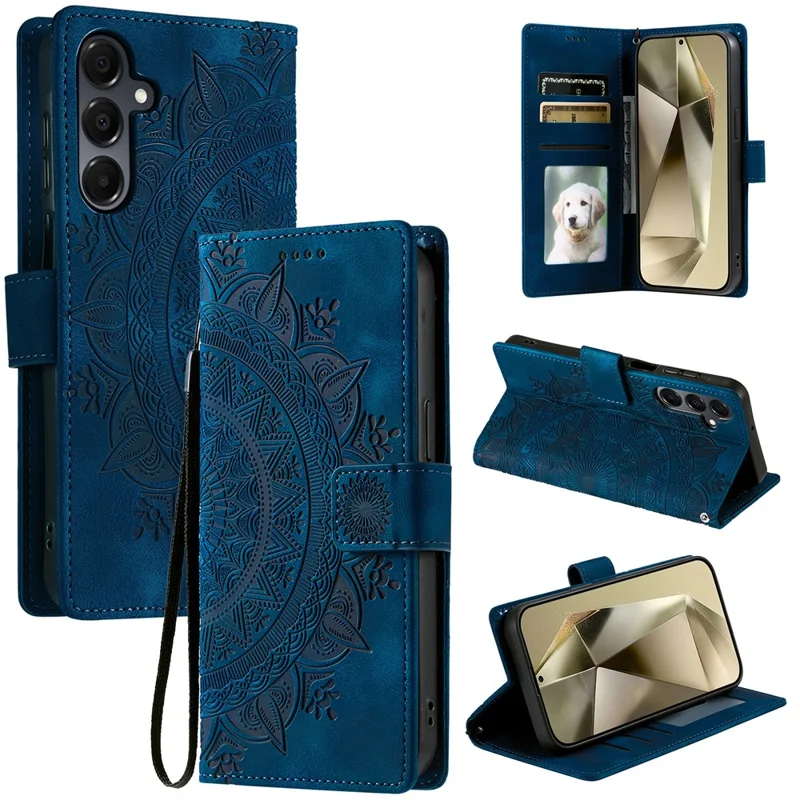 For Samsung Galaxy A37 5G Case Imprinted Totem Skin Feel Wallet Leather Phone Cover with Hand Strap - Blue