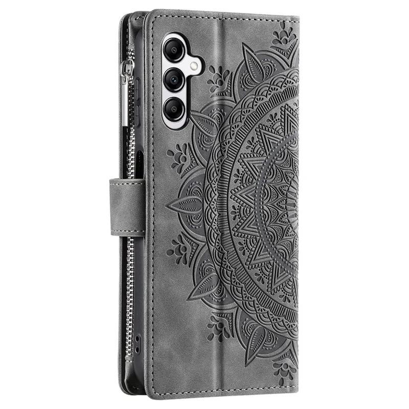 Samsung Galaxy A57 Geldbörse Hülle Mandala Blumen Muster PU Leder Handyhülle mit Handgelenkschlaufe - Grau