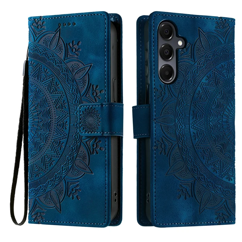 For Samsung Galaxy A57 5G Case Imprinted Totem Skin Feel Wallet Leather Phone Cover with Hand Strap - Blue