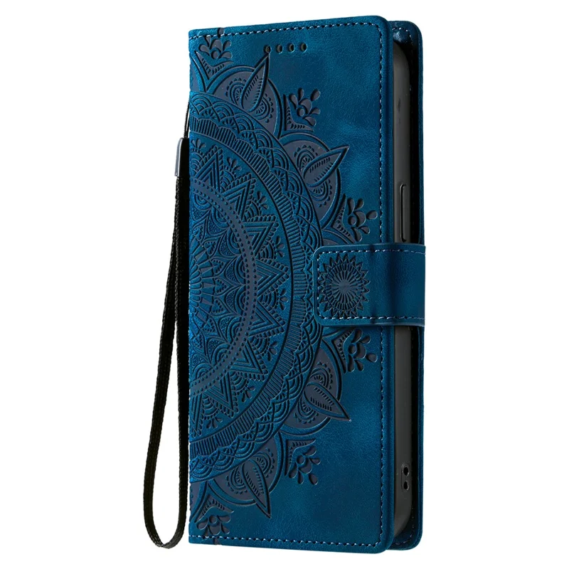 For Samsung Galaxy A57 5G Case Imprinted Totem Skin Feel Wallet Leather Phone Cover with Hand Strap - Blue