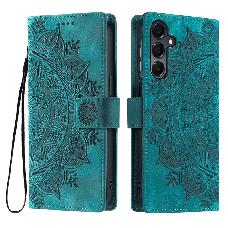 For Samsung Galaxy A57 5G Case Imprinted Totem Skin Feel Wallet Leather Phone Cover with Hand Strap - Mint Green