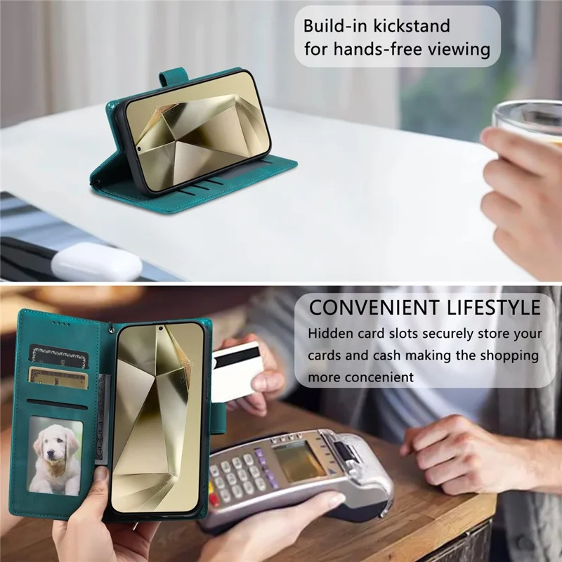 For Samsung Galaxy A57 5G Case Imprinted Totem Skin Feel Wallet Leather Phone Cover with Hand Strap - Mint Green