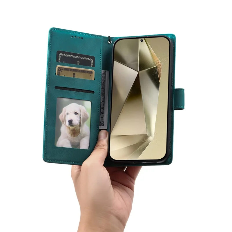 For Samsung Galaxy A57 5G Case Imprinted Totem Skin Feel Wallet Leather Phone Cover with Hand Strap - Mint Green