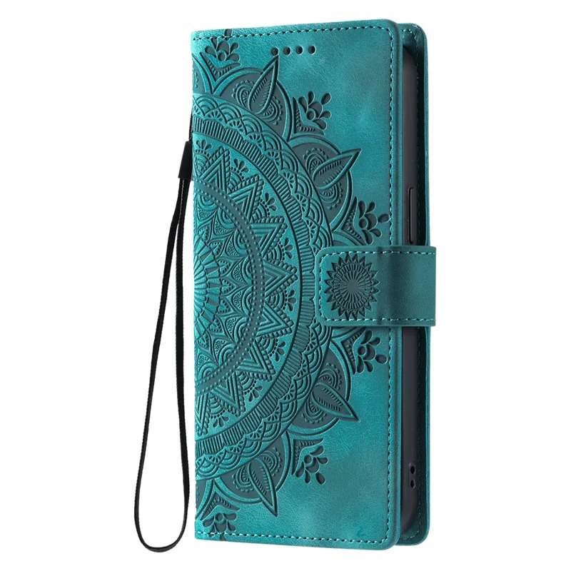 For Samsung Galaxy A57 5G Case Imprinted Totem Skin Feel Wallet Leather Phone Cover with Hand Strap - Mint Green