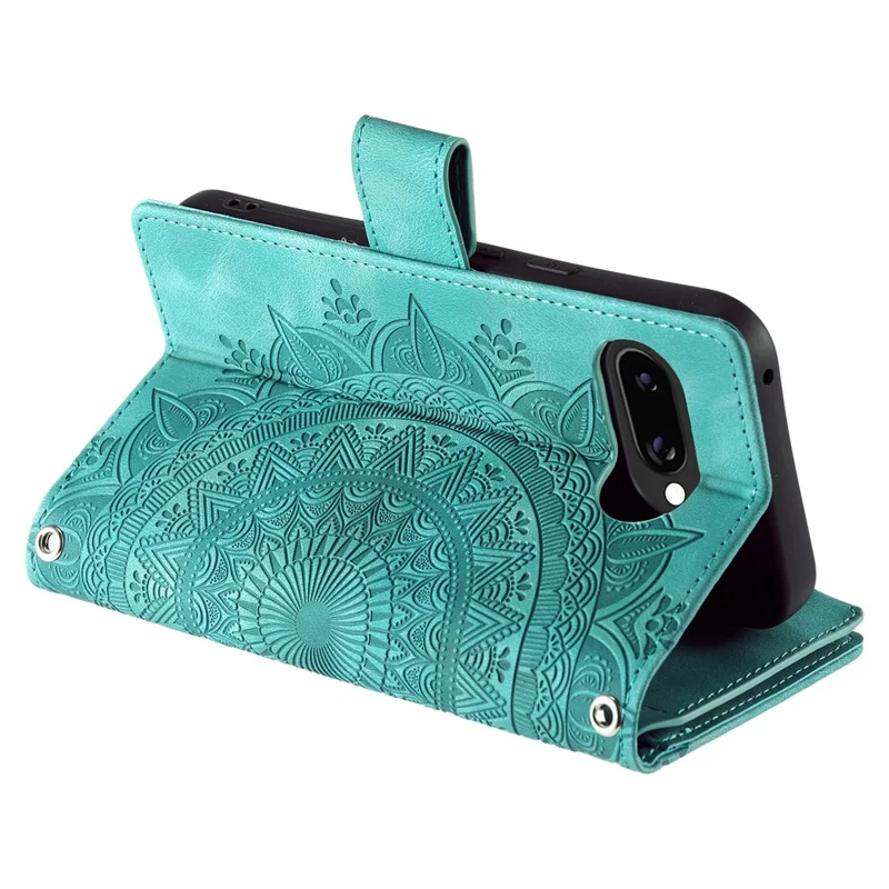 For Google Pixel 10a Wallet Case Mandala Flower Pattern PU Leather Phone Cover with Wrist Strap - Mint Green