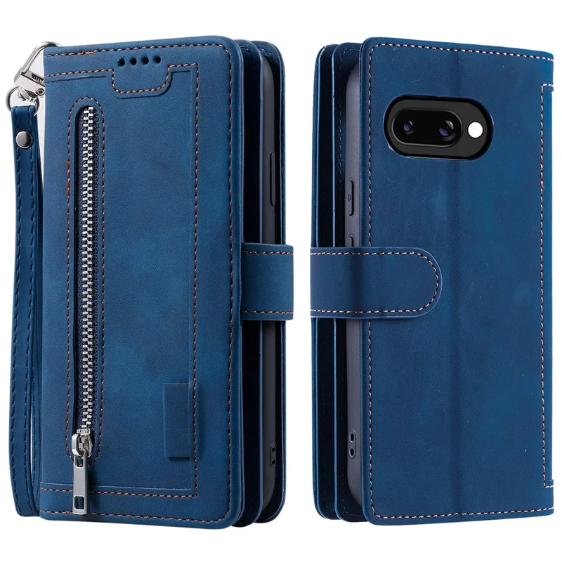 For Google Pixel 10a Case 9 Card Slots Zipper Wallet PU Leather Phone Cover with Wrist Strap - Blue