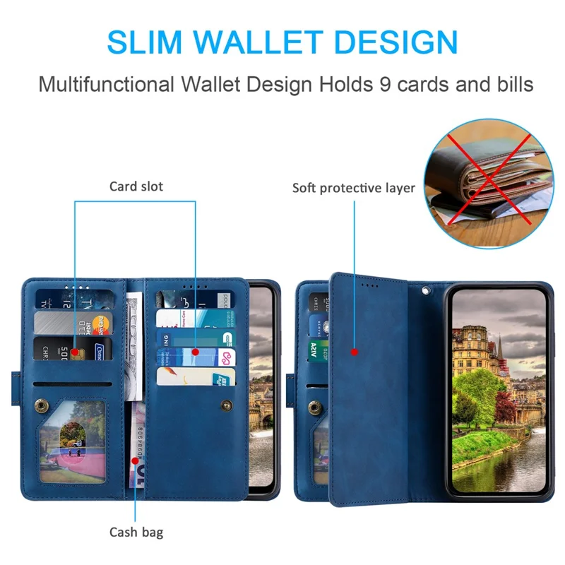 For Google Pixel 10a Case 9 Card Slots Zipper Wallet PU Leather Phone Cover with Wrist Strap - Blue