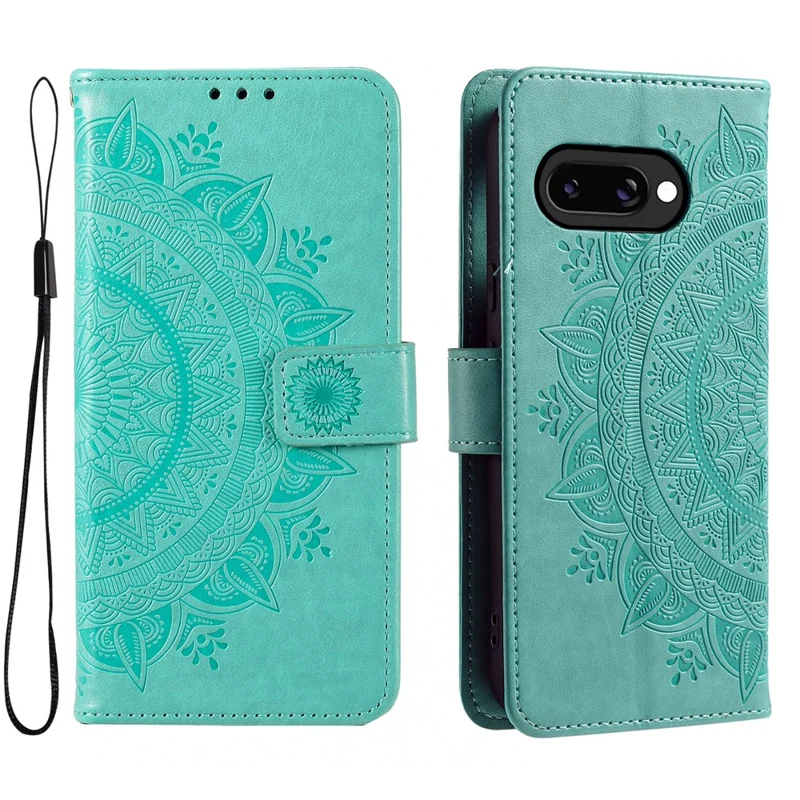 For Google Pixel 10a Stand Case Imprinted Totem PU Leather Wallet Phone Cover with Wrist Strap - Mint Green