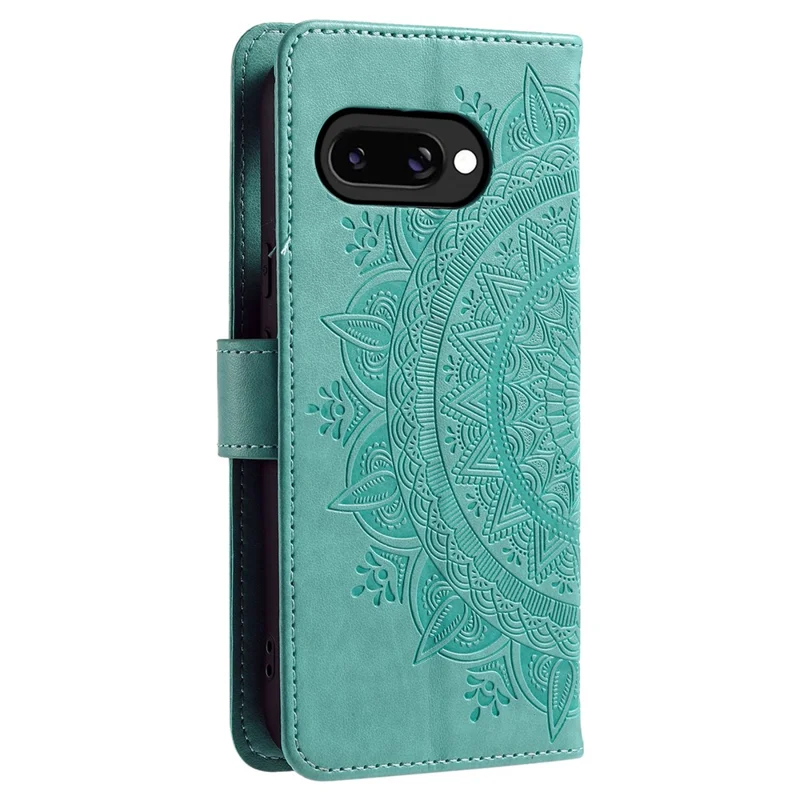 For Google Pixel 10a Stand Case Imprinted Totem PU Leather Wallet Phone Cover with Wrist Strap - Mint Green