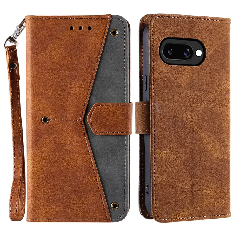 For Google Pixel 10a Leather Case Splicing Stitching Wallet Phone Cover with Wrist Strap - Brown