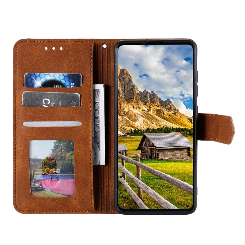 For Google Pixel 10a Leather Case Splicing Stitching Wallet Phone Cover with Wrist Strap - Brown