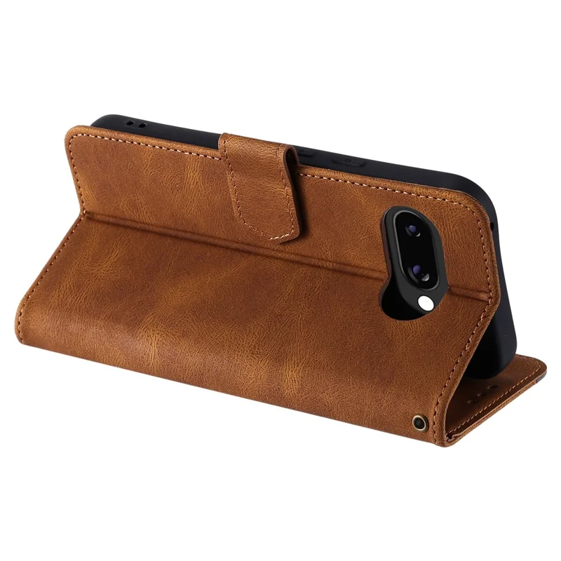 For Google Pixel 10a Leather Case Splicing Stitching Wallet Phone Cover with Wrist Strap - Brown