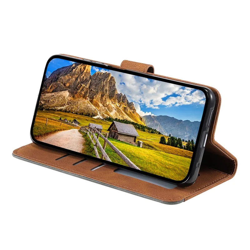 For Google Pixel 10a Leather Case Splicing Stitching Wallet Phone Cover with Wrist Strap - Brown