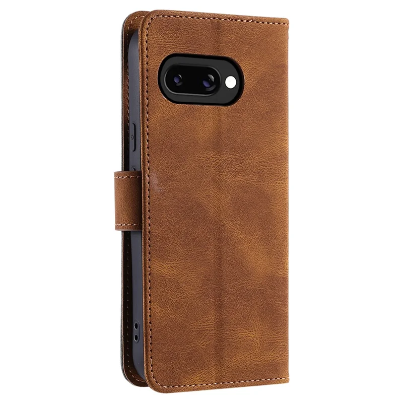 For Google Pixel 10a Leather Case Splicing Stitching Wallet Phone Cover with Wrist Strap - Brown