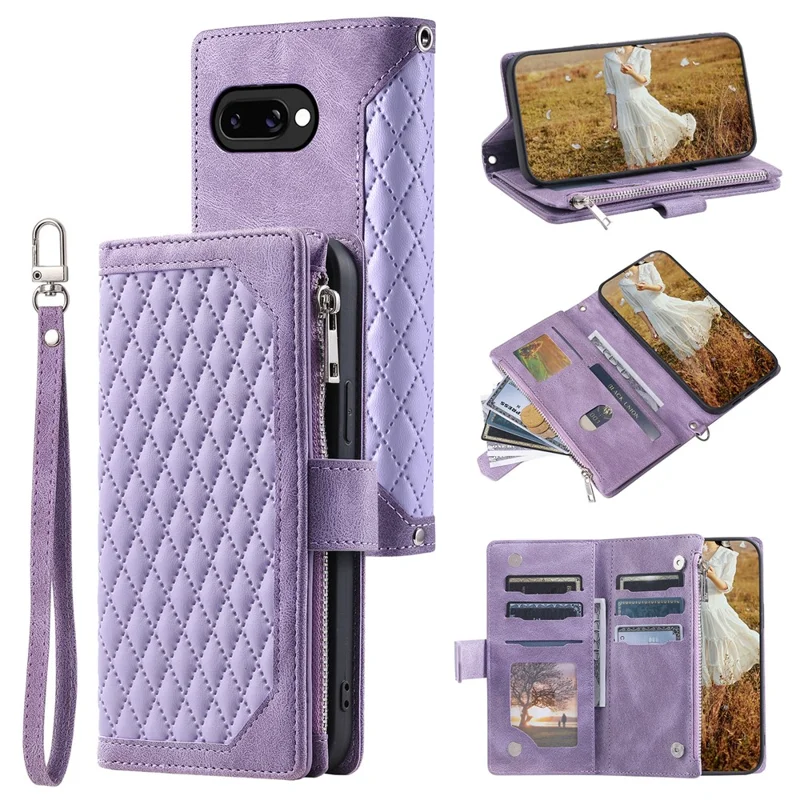 For Google Pixel 10a Wallet Case Rhombus Stitching Line PU Leather Phone Cover with Wrist Strap - Purple