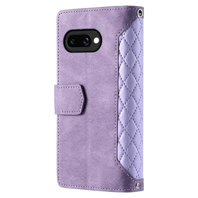 For Google Pixel 10a Wallet Case Rhombus Stitching Line PU Leather Phone Cover with Wrist Strap - Purple