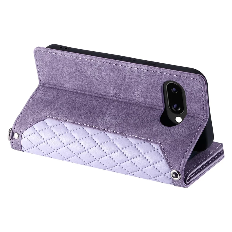 For Google Pixel 10a Wallet Case Rhombus Stitching Line PU Leather Phone Cover with Wrist Strap - Purple