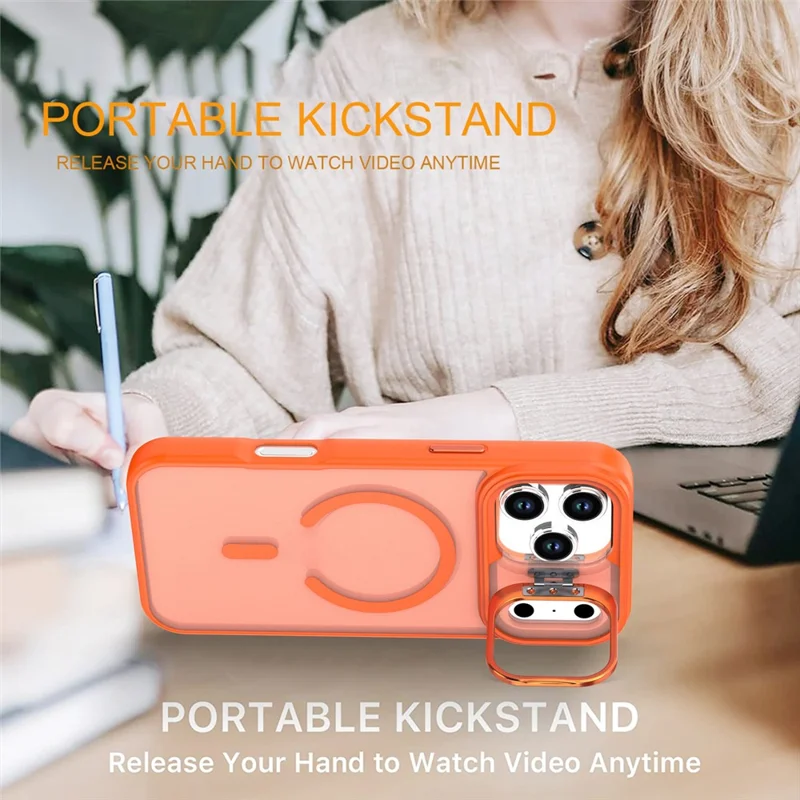 Funda para iPhone 17 Pro Max con soporte plegable, cubierta de teléfono de PC mate + TPU compatible con MagSafe - Naranja