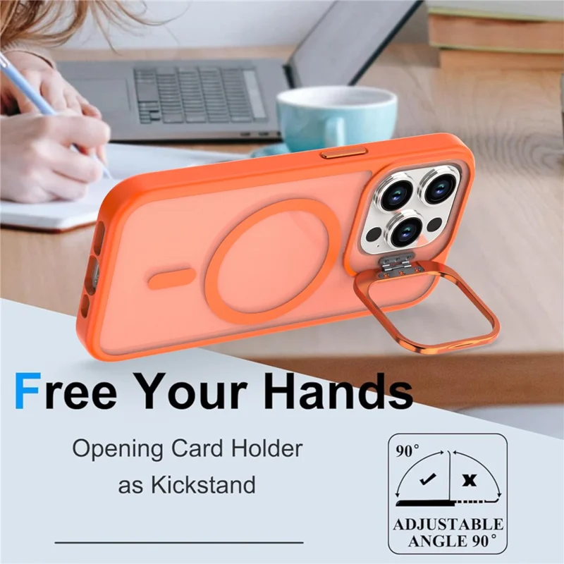 Funda para iPhone 14 Pro con soporte plegable, cubierta de teléfono de PC mate + TPU compatible con MagSafe - Naranja