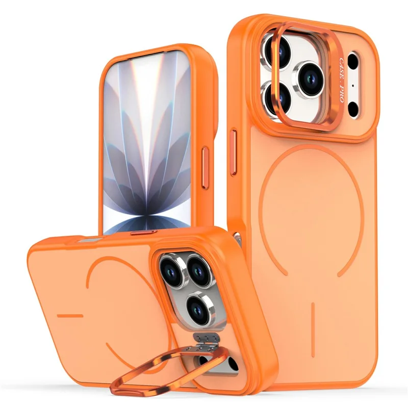 Custodia per iPhone 17 Pro Max Compatibile con MagSafe, Cover per Telefono PC + TPU con Texture Soft-touch e Supporto Pieghevole - Arancione