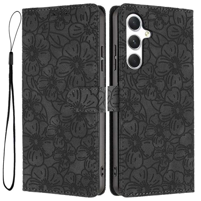 For Samsung Galaxy A57 Flip Case Cherry Blossom Pattern Leather Wallet Stand Phone Cover with Wrist Strap - Black