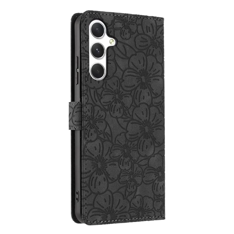 For Samsung Galaxy A57 Flip Case Cherry Blossom Pattern Leather Wallet Stand Phone Cover with Wrist Strap - Black