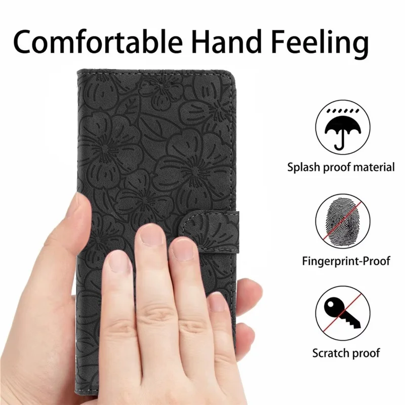 For Samsung Galaxy A57 Flip Case Cherry Blossom Pattern Leather Wallet Stand Phone Cover with Wrist Strap - Black