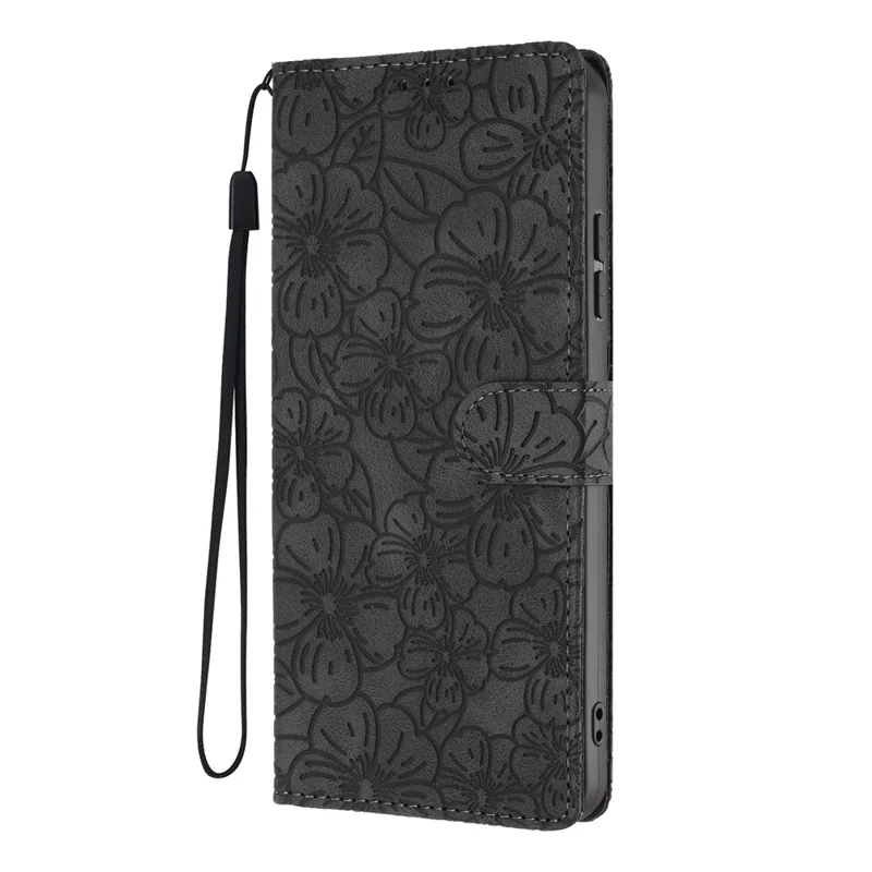 For Samsung Galaxy A57 Flip Case Cherry Blossom Pattern Leather Wallet Stand Phone Cover with Wrist Strap - Black