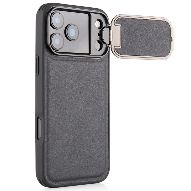 GKK Etui na iPhone 17 Pro, powłoka z tworzywa PC z pokryciem z ekoskóry z podpórką i ochroną obiektywu aparatu - Czarny