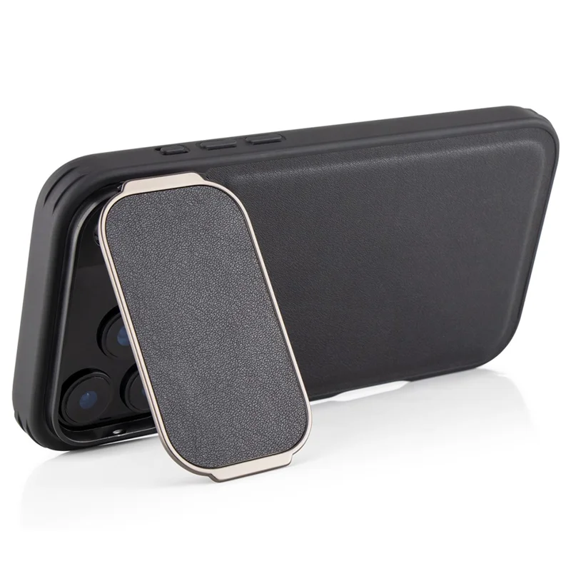 GKK Obudowa na iPhone 17 Pro Max, powłoka telefoniczna z tworzywa PC pokryta sztuczną skórą z podpórką i ochroną obiektywu - Czarny