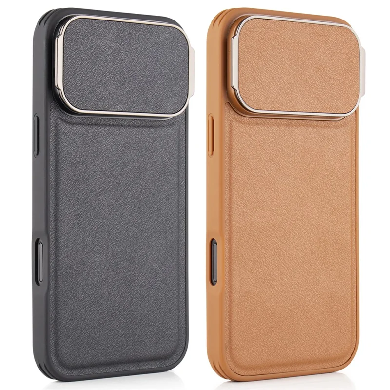 GKK Obudowa na iPhone 17 Pro Max, powłoka telefoniczna z tworzywa PC pokryta sztuczną skórą z podpórką i ochroną obiektywu - Czarny