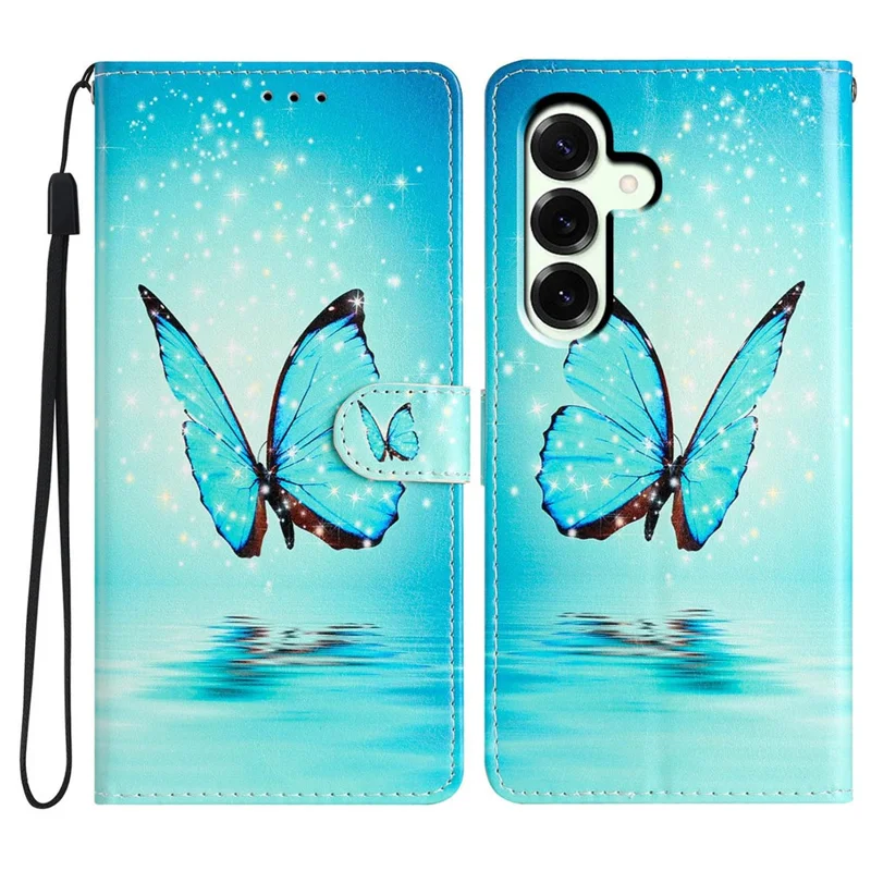 For Samsung Galaxy A37 5G Wallet Case PU Leather Pattern Printing Stand Phone Cover with Strap - Blue Butterfly