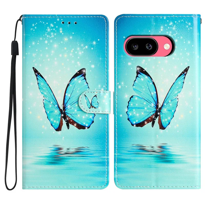 For Google Pixel 10a Wallet Case PU Leather Pattern Printing Stand Phone Cover with Strap - Blue Butterfly