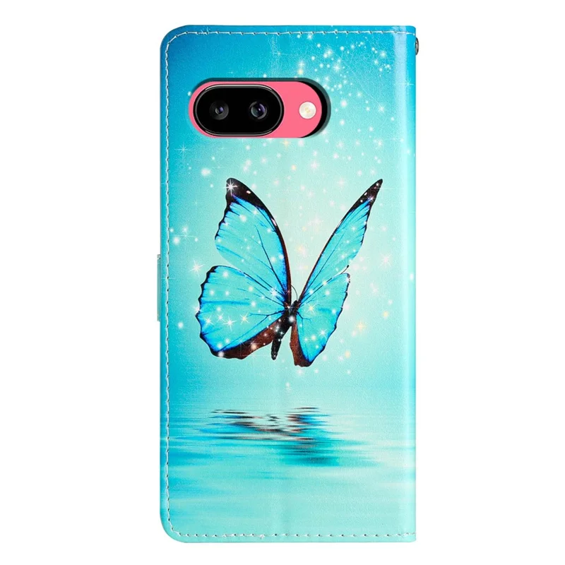 For Google Pixel 10a Wallet Case PU Leather Pattern Printing Stand Phone Cover with Strap - Blue Butterfly