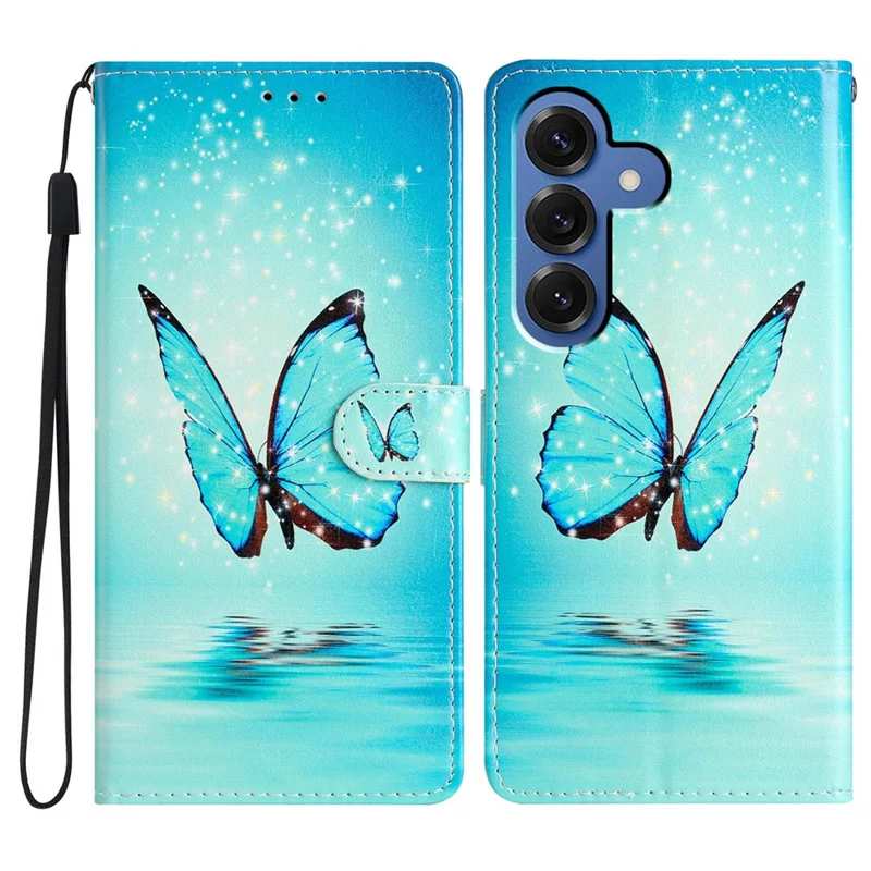 For Samsung Galaxy S26+ Wallet Case PU Leather Pattern Printing Stand Phone Cover with Strap - Blue Butterfly