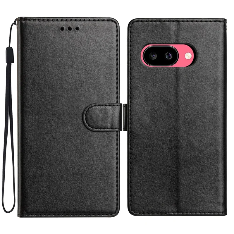 For Google Pixel 10a Leather Case Wallet Stand Phone Cover with Handy Strap - Black