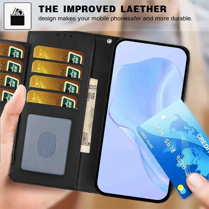 Walletcase voor Samsung Galaxy A57 met riem / Stevige lederen standaardtelefoonhoes met meerdere kaartslots - Zwart