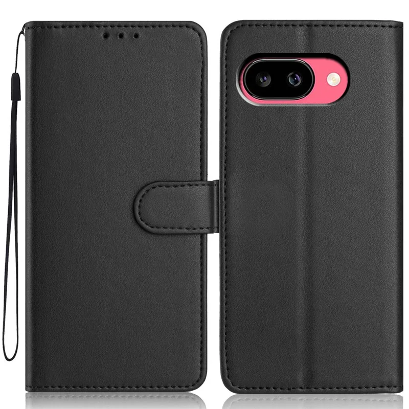 For Google Pixel 10a Wallet Case with Strap   /   Multiple Card Slots Solid Color Leather Stand Phone Cover - Black