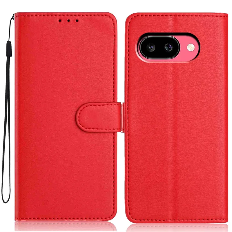 For Google Pixel 10a Wallet Case with Strap   /   Multiple Card Slots Solid Color Leather Stand Phone Cover - Red