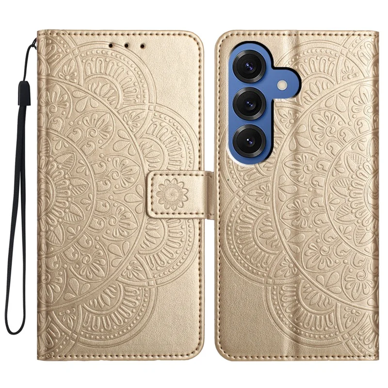 Samsung Galaxy S26+ Lederhülle mit Kartenfächern Mandala-Muster Handyhülle mit Ständer - Gold