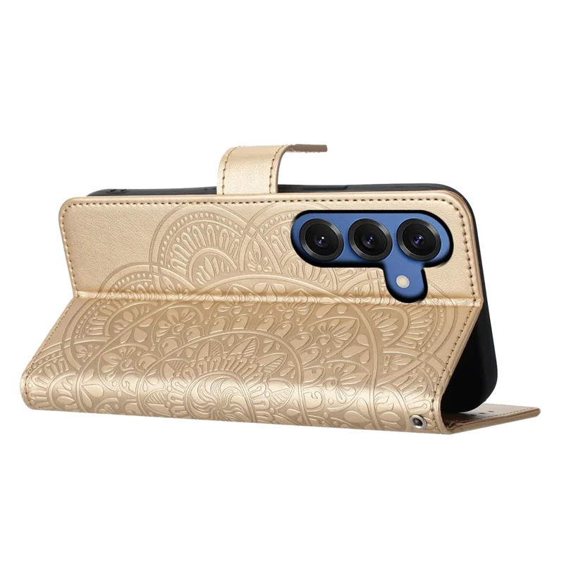 Samsung Galaxy S26+ Lederhülle mit Kartenfächern Mandala-Muster Handyhülle mit Ständer - Gold