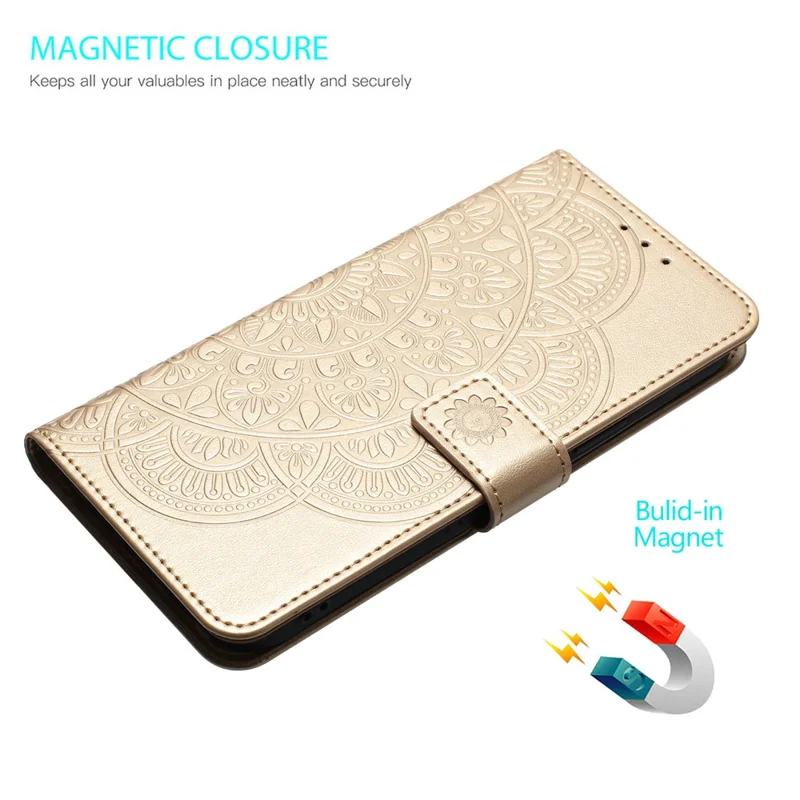 Samsung Galaxy S26+ Lederhülle mit Kartenfächern Mandala-Muster Handyhülle mit Ständer - Gold