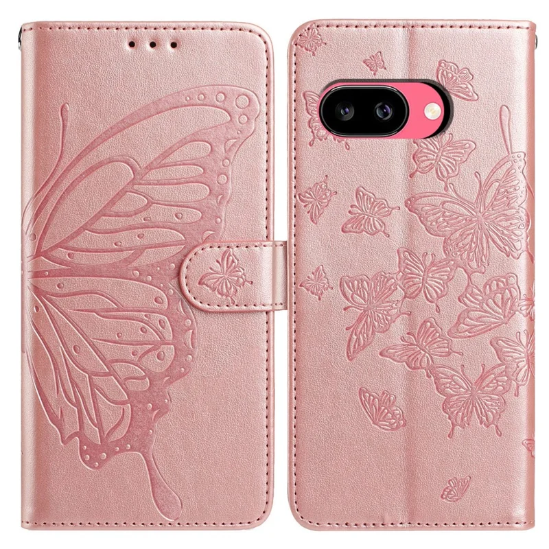 For Google Pixel 10a Case Butterfly Imprinted Wallet Stand PU Leather Flip Phone Cover with Strap - Rose Gold