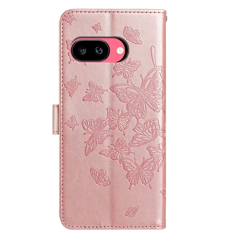 For Google Pixel 10a Case Butterfly Imprinted Wallet Stand PU Leather Flip Phone Cover with Strap - Rose Gold