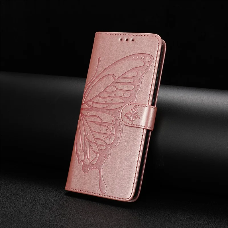 For Google Pixel 10a Case Butterfly Imprinted Wallet Stand PU Leather Flip Phone Cover with Strap - Rose Gold