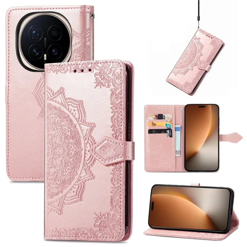 Capa de Telefone Carteira Mandala Flor de Couro Para Honor Magic8 Pro 5G - Ouro Rosa
